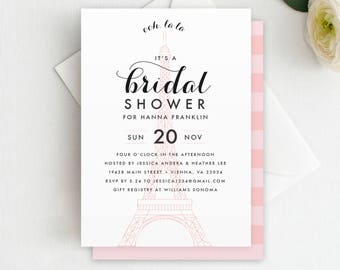 May include: A pink and white bridal shower invitation with a black and white illustration of the Eiffel Tower. The text reads "coh la la, it's a bridal shower for Hanna Franklin, Sun 20 Nov, Four o'clock in the afternoon, hosted by Jessica Andrea & Heather Lee, 19438 Main Street, Vienna, VA 22034, RSVP by 5.24 to jessica1234@gmail.com, Gift Registry at Williams Sonoma, ©MALLORYHOPEDESIGN.COM".