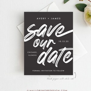 Brushed Script Save the Date Card, Black Card with White Ink, Printed Save the Date, Navy Save the Date, Navy and White, Bold Save the Date
