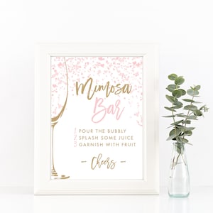 May include: A white framed sign with the words "Mimosa Bar" in gold and pink script. The sign includes instructions: "Pour the bubbly, splash some juice, garnish with fruit." A gold champagne glass outline is on the left. A small vase with greenery is on the right.