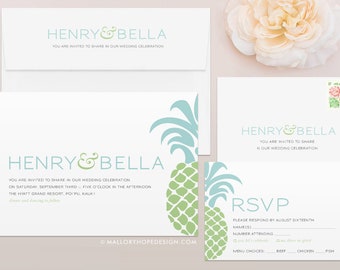 Tropical Pineapple Wedding Invitation & RSVP Set, Destination Wedding Invitation, Beach Wedding Invitations, Hawaiian Wedding Invitations