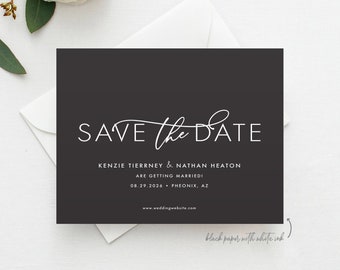 Minimalist White Ink Save the Date Card, Black & White save the date, Printed Save the Date, Navy Save the Date, Navy Paper White Ink