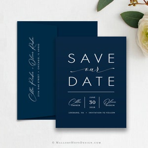 Minimalist White Ink Save the Date Card, Black & White save the date, Printed Save the Date, Navy Save the Date, Navy Paper White Ink