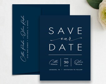 Minimalist White Ink Save the Date Card, Black & White save the date, Printed Save the Date, Navy Save the Date, Navy Paper White Ink