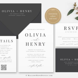 May include: Wedding invitation suite with black and white design. The invitation features the names Olivia and Henry, the date and time of the wedding, and the location. The RSVP card includes a section for guests to indicate their attendance and meal preference. The details card includes a block of rooms reserved at a hotel and a QR code for more information.