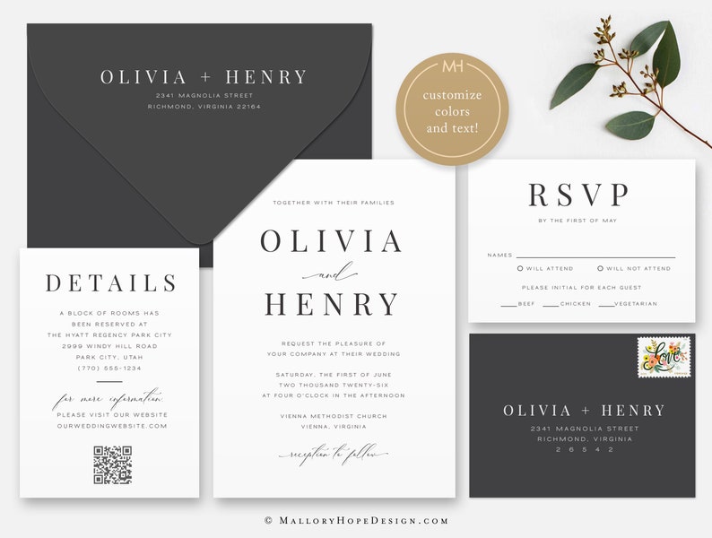 May include: Wedding invitation suite with black and white design. The invitation features the names Olivia and Henry, the date and time of the wedding, and the location. The RSVP card includes a section for guests to indicate their attendance and meal preference. The details card includes a block of rooms reserved at a hotel and a QR code for more information.