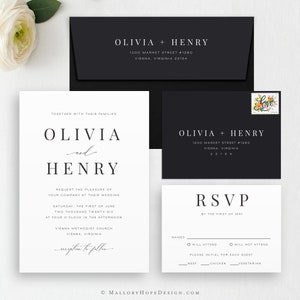 May include: A wedding invitation suite featuring a black and white design. The suite includes an invitation, RSVP card, and envelopes. The invitation text reads "Olivia and Henry" and includes wedding details. The RSVP card has options for guests to respond.