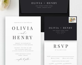 Modern Minimal Wedding Invitation & RSVP Set, Timeless Wedding Invitation, Black Envelopes with White Ink, Printed Wedding Invitation Suite