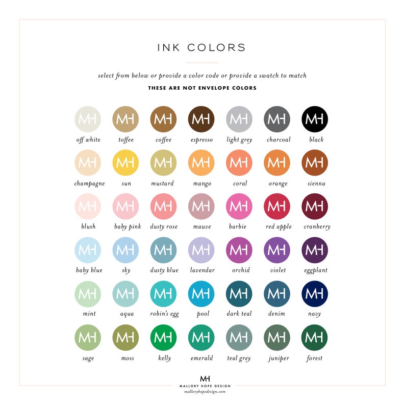 May include: A color chart with various ink color options for stationery. The chart includes a range of colors, from off-white to black, and features names like "mustard," "coral," and "navy." The text "INK COLORS" is at the top, with additional text below.