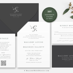 Monogram Wedding Invitation Template, Classic Wedding Invite Template Download, Wedding Invitation & RSVP Template, Instant Download, MHD1