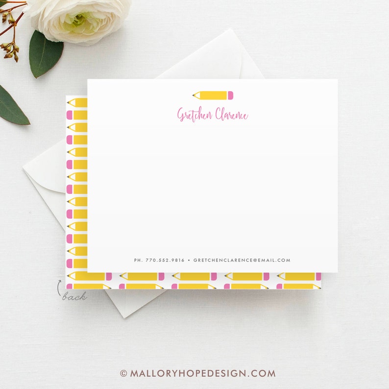 May include: White stationery card with a yellow pencil and pink eraser illustration and the name "Gretchen Clarence" in pink script. The back of the card has a repeating pattern of yellow pencils with pink erasers.