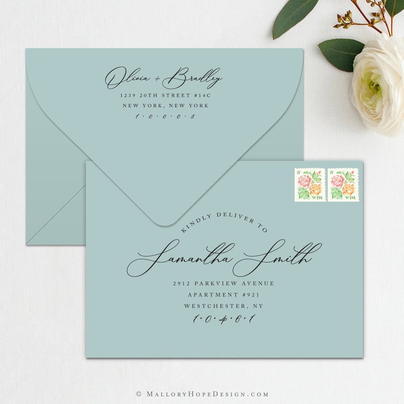 May include: A light blue envelope with a white address label. The label reads "Olivia + Bradly 1239 20TH STREET #14C NEW YORK, NEW YORK 1.0.0.0.5" and "KINDLY DELIVER TO Samantha Smith 2912 PARKVIEW AVENUE APARTMENT #921 WESTCHESTER, NY 1.0.4.6.1". The envelope has two postage stamps with floral designs.
