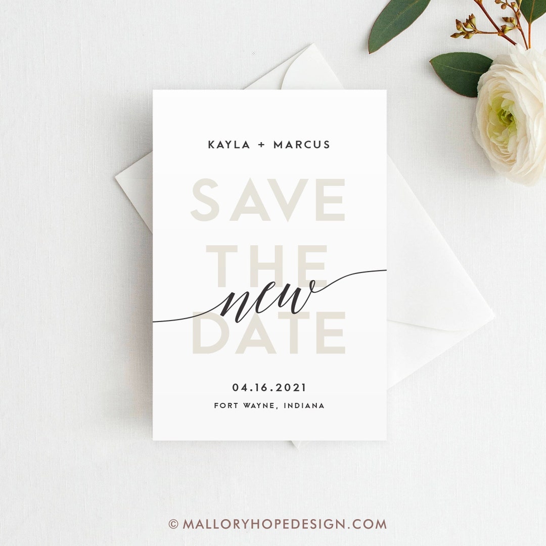 Printed save the new date announcement change the date postcard