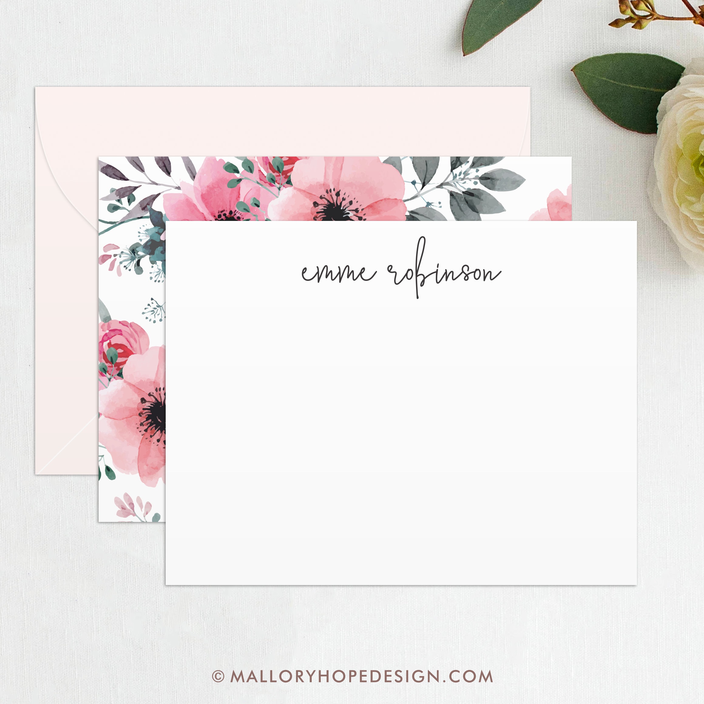 Floral Personalized Stationery Set: Script Custom Note Cards - Etsy