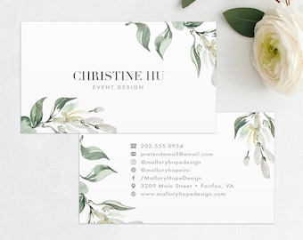 May include: A white business card with green watercolor floral designs. The text on the card reads "CHRISTINE HU EVENT DESIGN" and includes contact information such as a phone number, email address, social media handles, and website address. The card also includes the text "MALLORYHOPEDESIGN.COM".