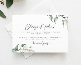 Printed Change the Date Card, Greenery Change of Plans, Postponed Date Announcement, Postponement, Canceled Event, Wedding Baby Shower