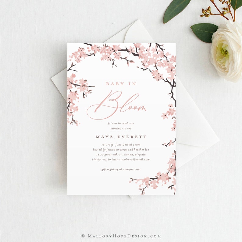 Printed Cherry Blossom Baby Shower Invitation, Baby in Bloom Invite, It's a Girl Baby Shower, Modern Floral Baby Shower Invitation, Printed image 1