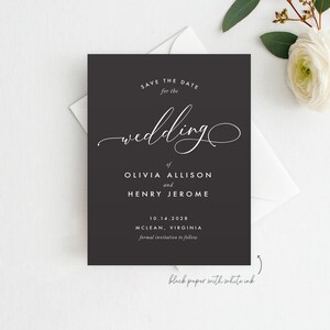 Calligraphy White Ink Save the Date, Minimal Black & White save the date, Printed Save the Date, Navy Save the Date, Navy Paper White Ink