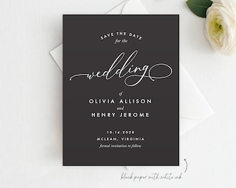 Calligraphy White Ink Save the Date, Minimal Black & White save the date, Printed Save the Date, Navy Save the Date, Navy Paper White Ink