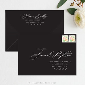 May include: Black envelope with white text. The text reads "Olivia + Bradly" with an address and phone number. The envelope is addressed to "Mr. & Mrs. Samuel Billon" with an address and phone number.