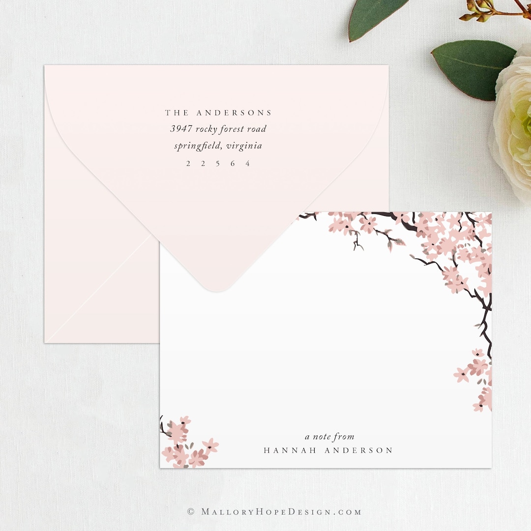 Cherry Blossom Stationery, Floral Note Cards, Thank You Card With ...