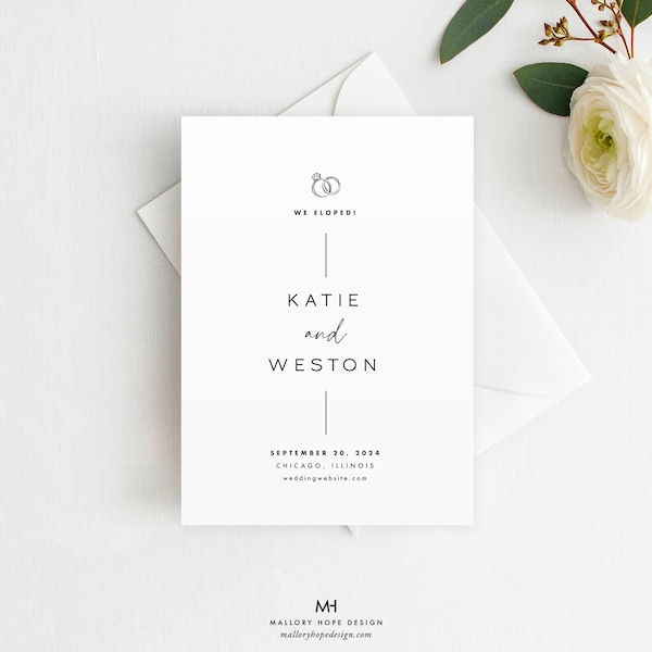 Printed Minimal Elopement Announcement, Modern Printed Elopement Card, We Eloped Card, Wedding Reception Invitation, Elopement Reception