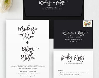 Handwritten Wedding Invitation & RSVP Set, Printed Wedding Invitation Suite, White Ink Navy Envelope, Wedding Invitation, Customize Colors