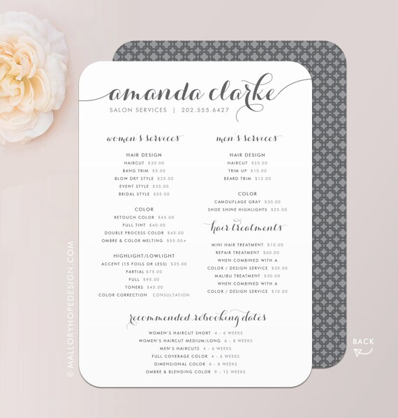 Flowing Script Hair Stylist Or Barber Services Menu Salon Etsy