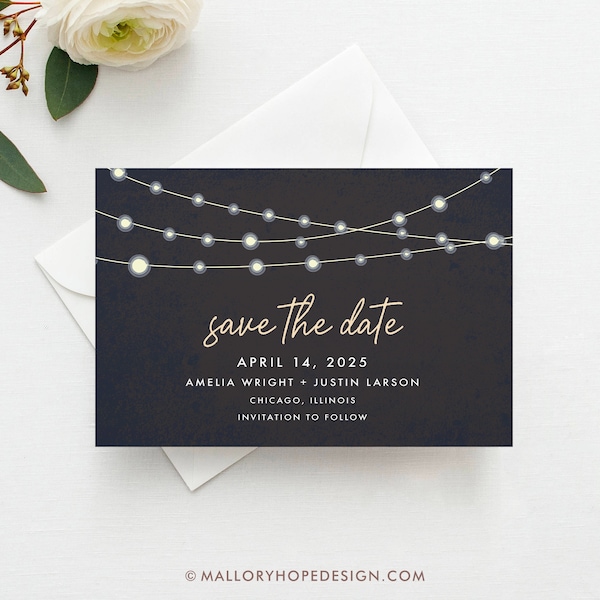 Printed Twinkle Lights Save the Date, Postcard, Rustic Save the Date Magnet, Outdoor Wedding Save the Date, Rustic Wedding, String of Lights