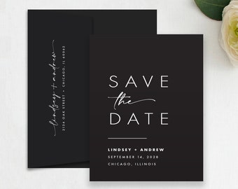 Minimalist White Ink Save the Date Card, Black & White save the date, Printed Save the Date, Navy Save the Date, Navy Paper White Ink