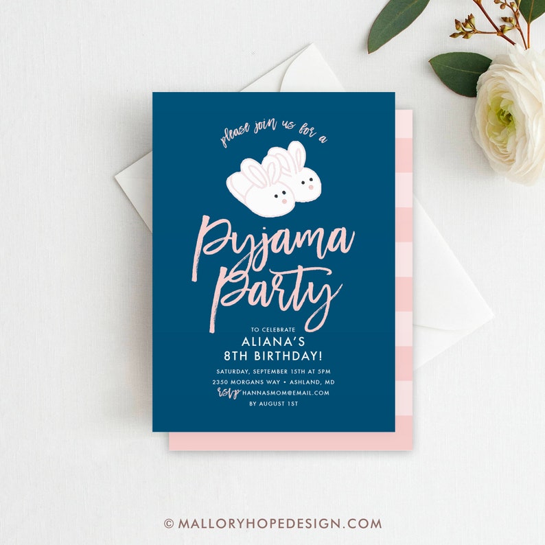 May include: A blue and pink invitation card with a white bunny slipper graphic. The text reads "Please join us for a Pyjama Party to celebrate Aliana's 8th Birthday! Saturday, September 15th at 5pm, 2350 Morgans Way, Ashland, MD. RSVP Hannasmombemail.com by August 1st."