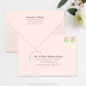 May include: A pink envelope with a white address label. The label reads "Kindly Deliver To Mr. & Mrs. Robert Grant 2912 Parkview Avenue Apartment #921 Westchester, NY 10461".