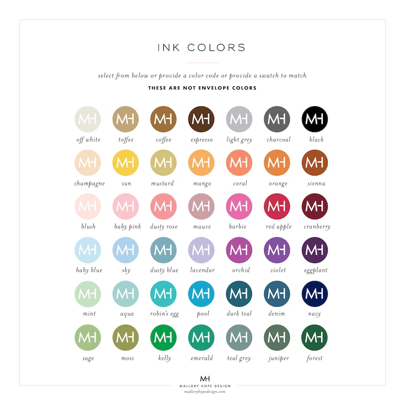 May include: A chart of ink colors for stationery, showing 24 different colors with the names of each color listed below. The chart is titled "INK COLORS" and includes the text "select from below or provide a color code or provide a swatch to match" and "THESE ARE NOT ENVELOPE COLORS".