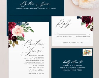 Burgundy Floral Wedding Invitation Suite: Printed RSVP Cards