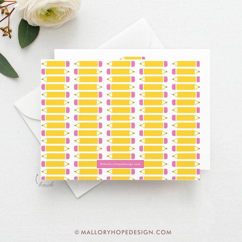May include: A white card with a yellow pencil pattern. The pencils have pink erasers. The text "&copy;MalloryHopeDesign.com" is at the bottom of the card.