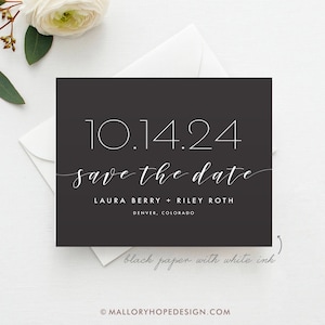 Minimal Save the Date Black Card with White Ink, White Ink Save the Date, Minimal Save the Date, Minimalist, Black and White Save the Date