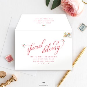 May include: A white envelope with red calligraphy that reads "Special Delivery." The envelope includes the address of Mr. & Mrs. Bradford, a "Love" stamp, and a floral design. The return address is at the top.