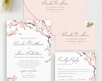 Printed Cherry Blossom Wedding Invitation, Floral RSVP Set