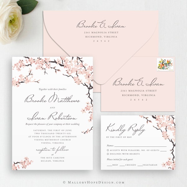 Cherry Blossom Wedding Invitation Template Suite, Cherry Blossoms Wedding Invitation Template Download, Template, Instant Download, MHD1