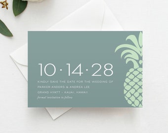 Printed Pineapple Save the Date, Postcard, Tropical Save the Date Magnet, Destination Wedding Save the Date, Beach wedding Save the Date