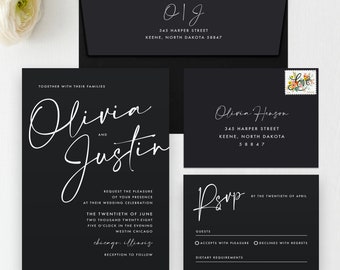 Marker Minimal White Ink Invitation & RSVP Set, Black Paper White Ink, Black and White Wedding, Minimal Wedding Invitation, Printed Invites