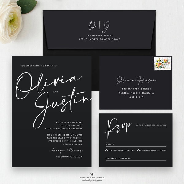 Marker Minimal White Ink Invitation & RSVP Set, Black Paper White Ink, Black and White Wedding, Minimal Wedding Invitation, Printed Invites