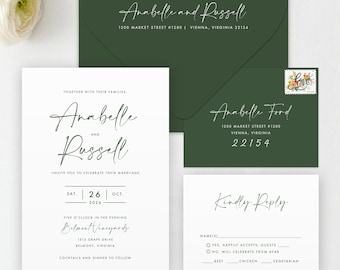 Minimalist Teal Wedding Invitation Set: Monochromatic Handwriting
