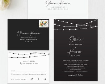 Twinkle Lights Wedding Invitation & RSVP Set, Lights Wedding Invitation, String of Lights Invitation, White Ink Wedding Invitation,Fireflies
