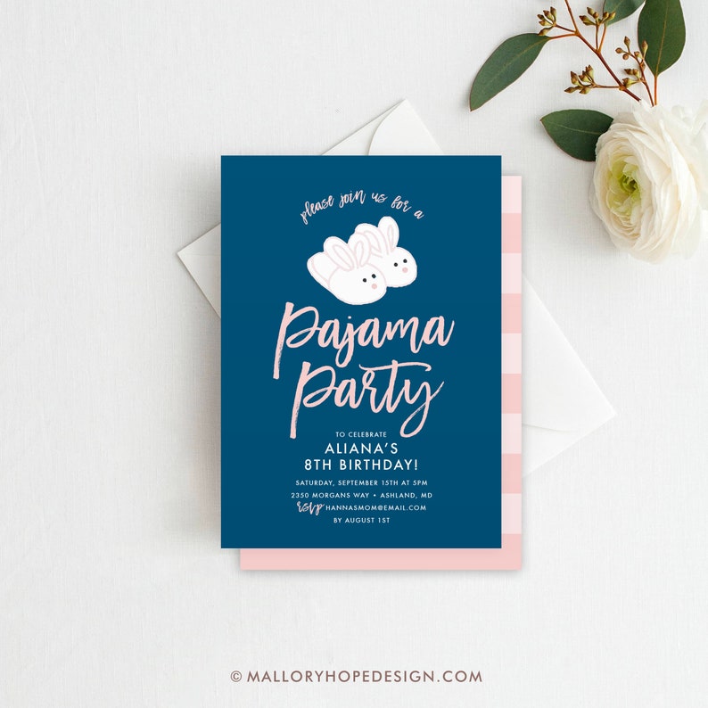 May include: A blue and pink invitation for a pajama party to celebrate Aliana's 8th birthday. The invitation features a pair of white bunny slippers with pink ears and eyes. The text on the invitation reads "Please join us for a Pajama Party to celebrate Aliana's 8th Birthday!" with the date, time, and location listed below.