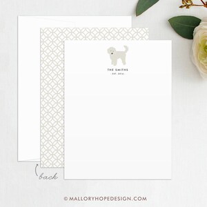 May include: White stationery with a gray doodle pattern on the back. The front features a gray silhouette of a dog with the text "THE SMITHS - EST. 2014 -" below.