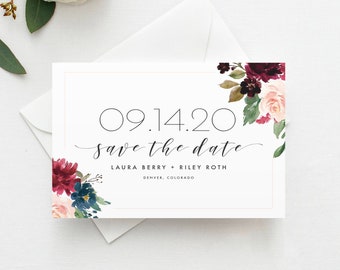 Fall Floral Save the Date Template, Marsala Flower Save the Date, Marsala Save the Date, Save the Date Digital Files, Instant Download, SAV1