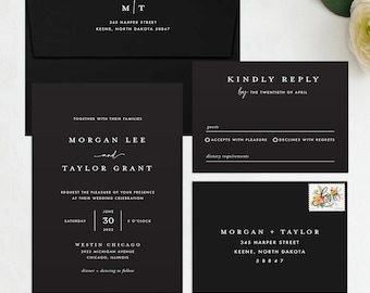 Minimal White Ink Invitation & RSVP Set, Black Paper, Black and White Wedding, Minimal Wedding Invitation, Printed Wedding Invitations