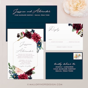 Burgundy Wedding Invitation & RSVP Set, Burgundy and Blush Wedding Invitation, Burgundy and Navy Wedding Invitations, Autumn Flowers