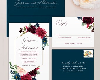 Burgundy Wedding Invitation & RSVP Set, Burgundy and Blush Wedding Invitation, Burgundy and Navy Wedding Invitations, Autumn Flowers