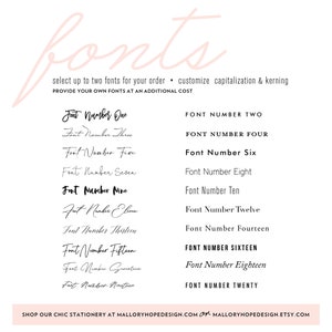 Może przedstawiać: Lista 20 r&oacute;żnych czcionek, ponumerowanych od jednego do dwudziestu, z tekstem "select up to two fonts for your order. customize capitalization & kerning" i "PROVIDE YOUR OWN FONTS AT AN ADDITIONAL COST" w g&oacute;rnej części obrazu.